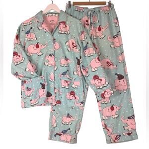 Nick Nora Ice Skating Pink Elephant Flannel Pajama PJ Set Womens Small Sleepwear